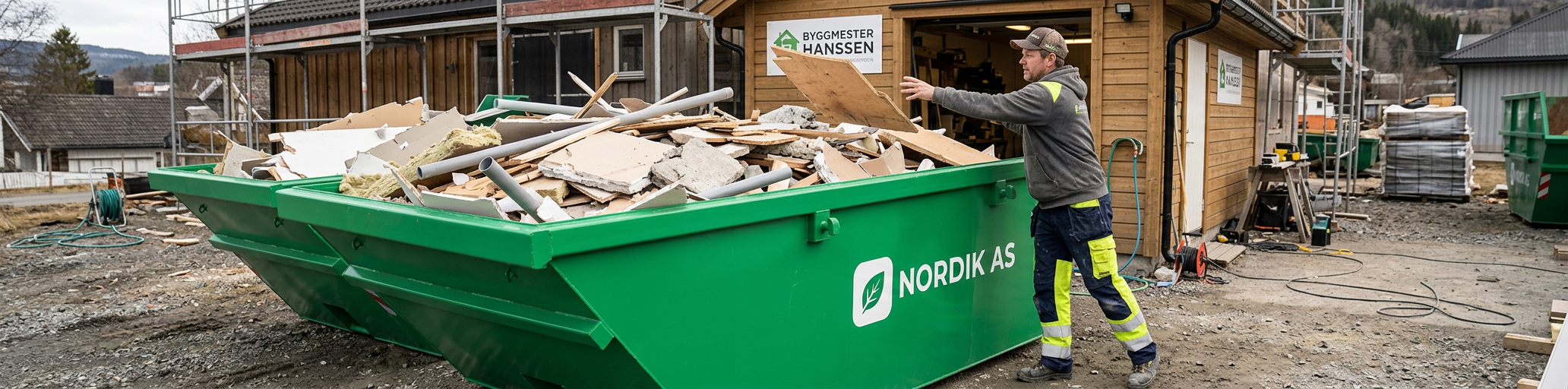Grønn container med byggavfall utenfor næringsbygg