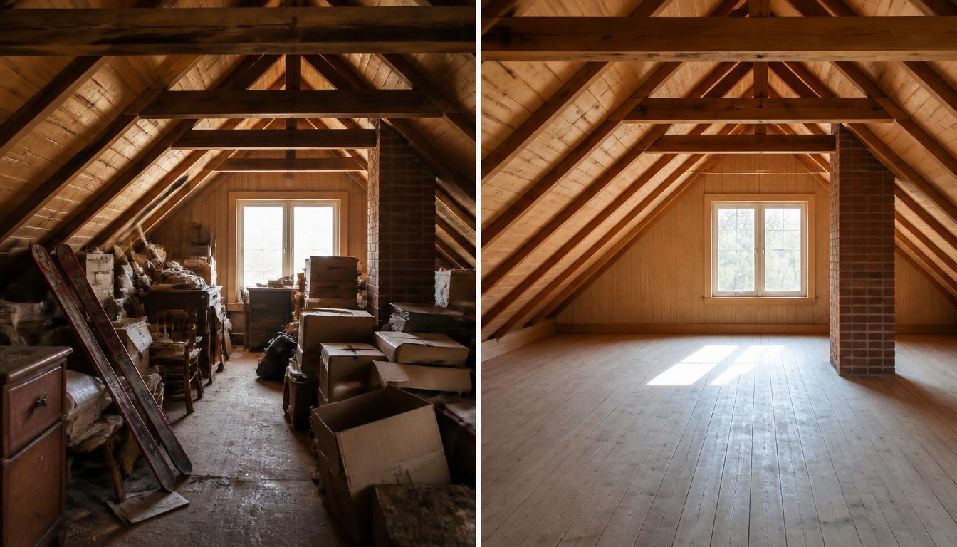 Før og etter: fullt loft tømt av Nordik AS