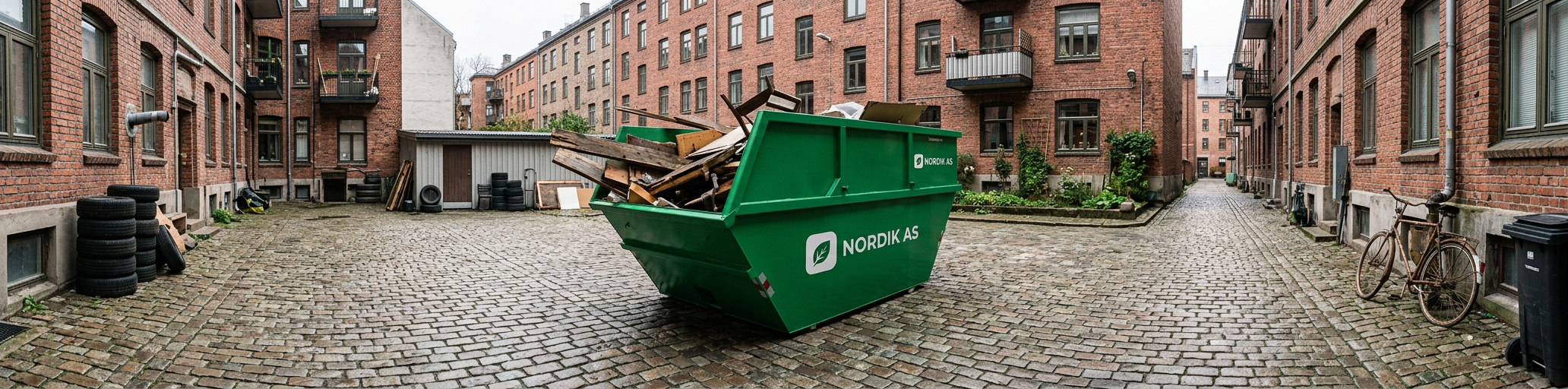 Grønn container i bakgård mellom murgårder i Oslo